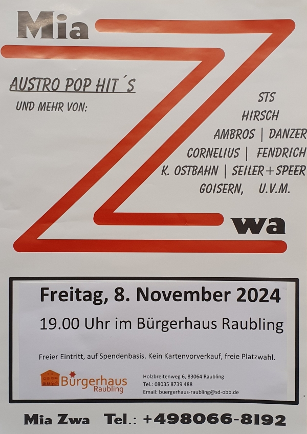 17.11.2023 Konzert Mia Zwa- Austropop 19 Uhr